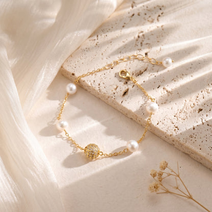 Lumina Freshwater Pearl Satellite Bracelet | Dainty Gold Plated Zircon Jewelry