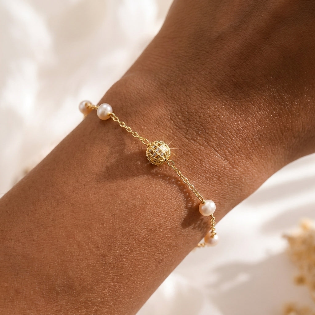 Lumina Freshwater Pearl Satellite Bracelet | Dainty Gold Plated Zircon Jewelry