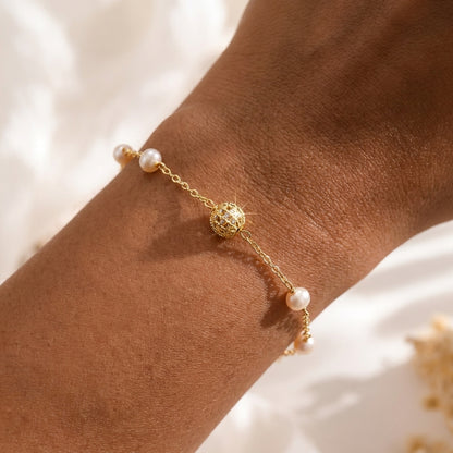 Lumina Freshwater Pearl Satellite Bracelet | Dainty Gold Plated Zircon Jewelry