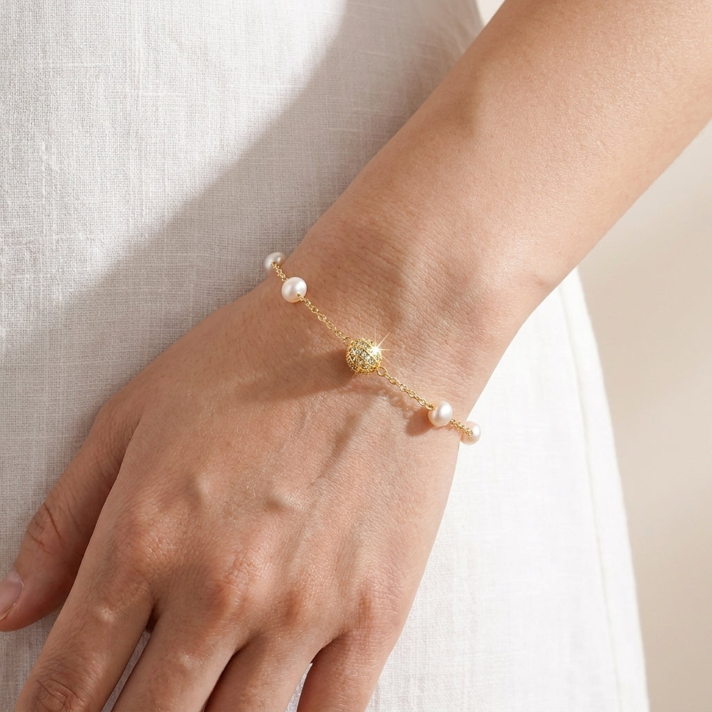 Lumina Freshwater Pearl Satellite Bracelet | Dainty Gold Plated Zircon Jewelry